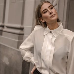 Vintage White Tuxedo Blouse w/ Collar Button